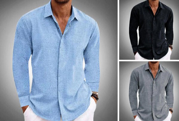Long Sleeve T-shirt Undershirt Solid Color Long Sleeve Cotton Linen Shirt Men - Image 2