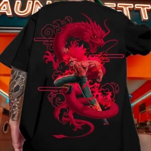 Anime-Inspired Dragon & Warrior Print T-Shirt For Men, Casual Crew Neck, Polyester Tee With Slight Stretch, Fashionable Short-Sleeve Sportswear Top