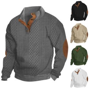 Jacquard Knit Pullover Sweater – Stand Collar, Long Sleeve
