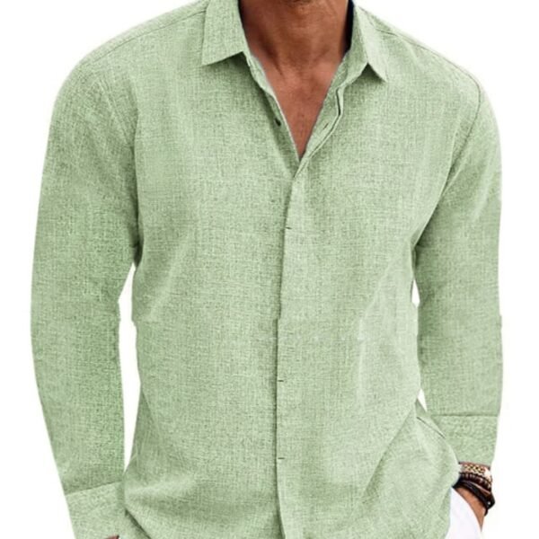 Long Sleeve T-shirt Undershirt Solid Color Long Sleeve Cotton Linen Shirt Men - Image 5