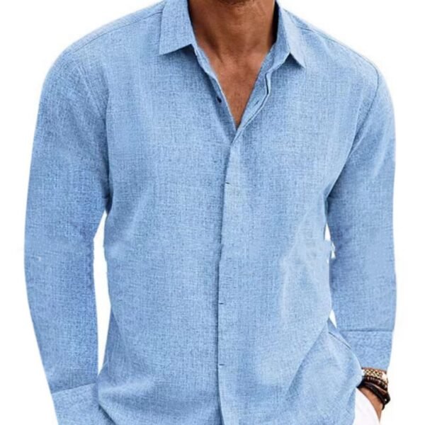 Long Sleeve T-shirt Undershirt Solid Color Long Sleeve Cotton Linen Shirt Men - Image 4